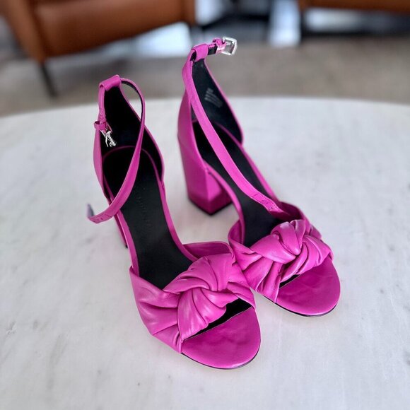 Rebecca Minkoff Fuchsia Knot Block Heel Sandals - Picture 2 of 11